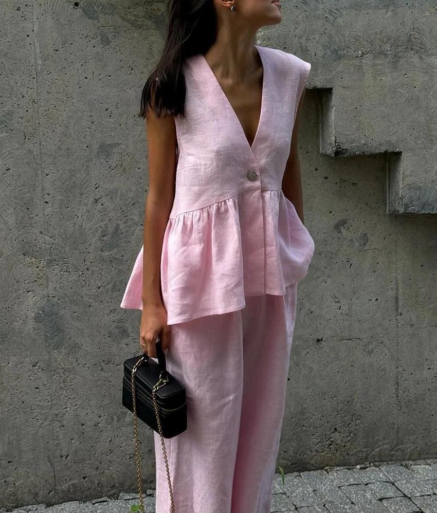 Sleeveless top and pants set — new European/American style solid color two-piece outfit, chic and versatile