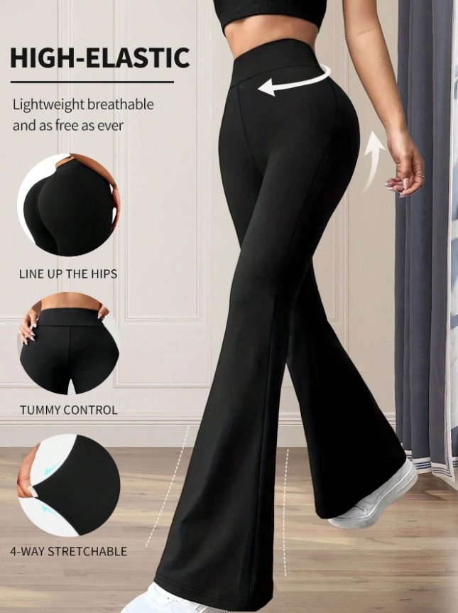 Solid color casual high-waist yoga pants — stretchy athletic flared leggings